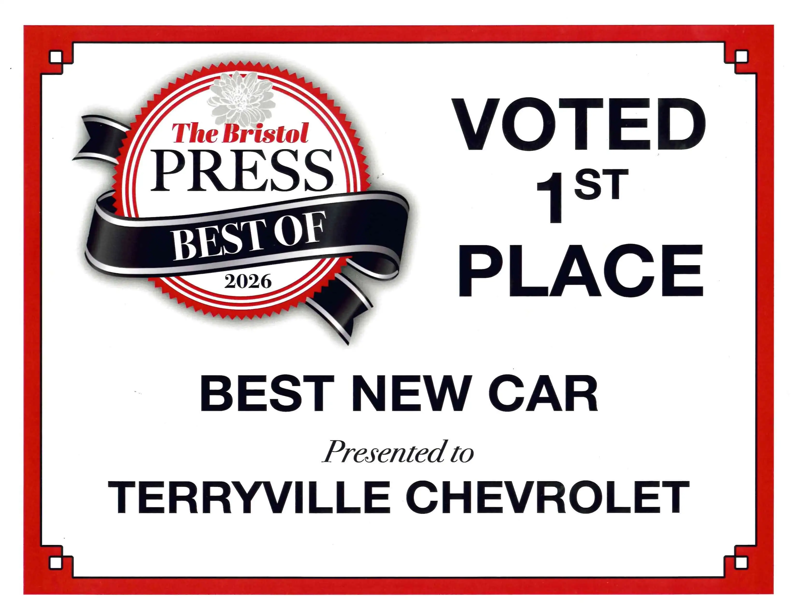 The Bristol Press Best of 2026 first-place Best New Car award presented to Terryville Chevrolet