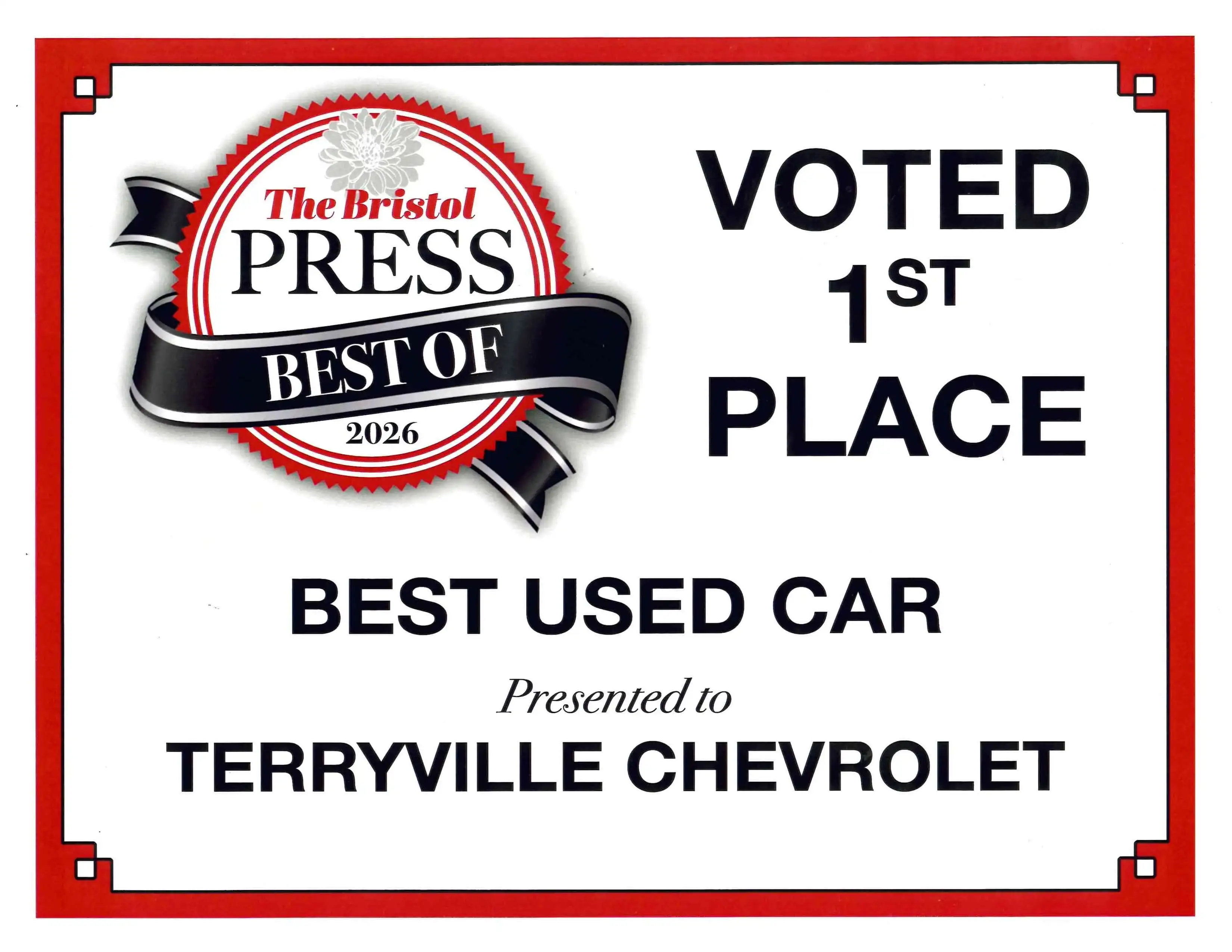The Bristol Press Best of 2026 first-place Best Used Car award presented to Terryville Chevrolet